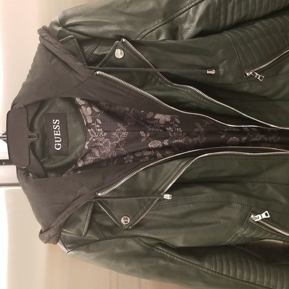 💕GUESS💕 Faux Leather Hooded Moto Jacket Zip Front Scuba ~ Hunter Green XL NWT - Picture 10 of 16